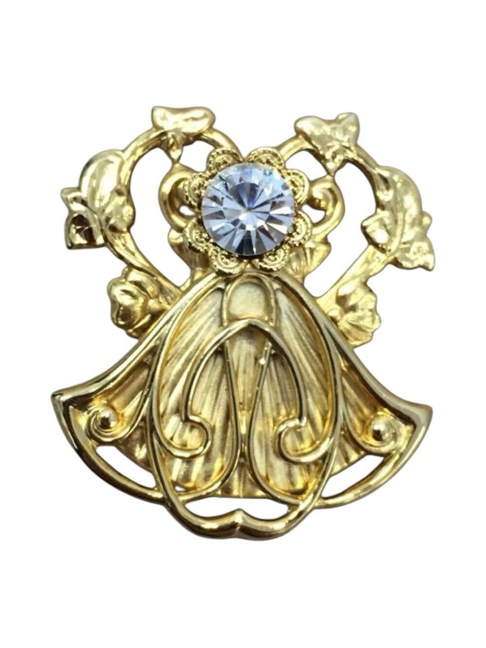 Vintage Brooch 1998 Gold Tone Angel Design with Rhinestone AOL signed Jane 3018